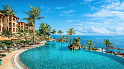 Fototapeta premium Oceanside Luxury: A pristine infinity pool overlooking a breathtaking panorama of the azure ocean, framed by lush palm trees and a luxurious resort complex.