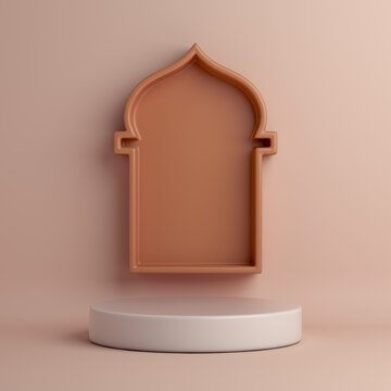 Islamic display podium with mosque window, Ramadan Kareem eid al fitr adha, muharram, 3D illustration.