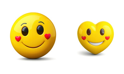 Fototapeta premium A round, and a heart shaped, yellow emoji with big hearts beside eyes and a joyful smile, rendered in glossy 3D. Isolated, transparent background