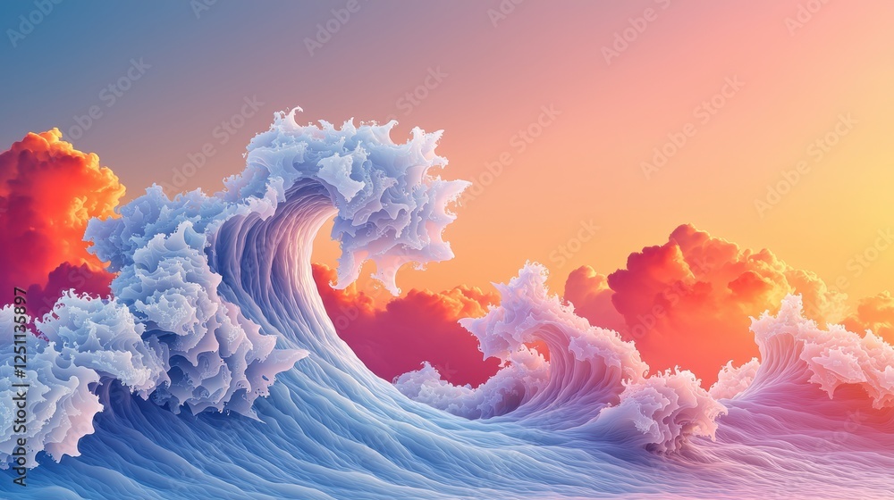 Poster a series of fractal waves crashing on a digital shore, their crests adorned with intricate patterns 