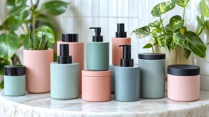 Bathroom d?cor pastel containers, plants, marble