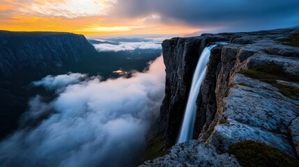 Obraz premium Witness the enchanting golden hues of sunset over a breathtaking landscape featuring flowing waterfalls, majestic mountains, and serene clouds, creating a perfect harmony.