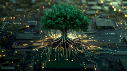 Digital tree on circuit board symbolizing nature and technology integration