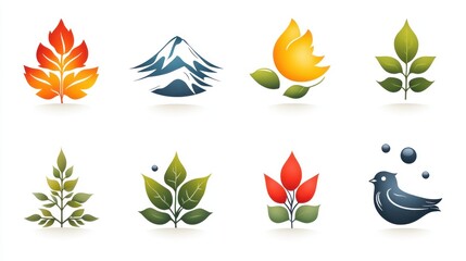 Fototapeta premium Eight stylized nature logos showcasing leaves mountains and a bird