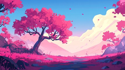 Pink Trees Landscape Serene Mountain View