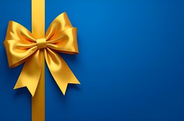Golden bow with ribbon on blue background. Copy space.