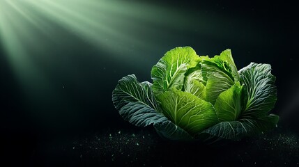 Obraz premium Green cabbage illuminated dramatically against a dark background.