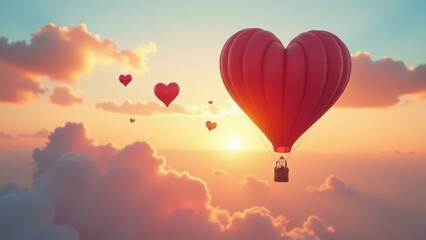 Fototapeta premium A heart-shaped hot air balloon floats serenely amidst pastel hues of sunset, with tiny heart-shaped clouds.