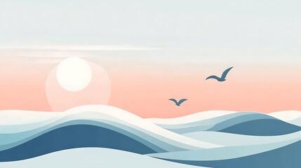 Serene Sunset Over Gentle Ocean Waves With Birds