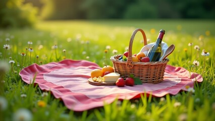 A picturesque picnic scene in a lush meadow with wicker basket and wildflowers.