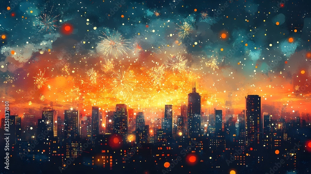 Poster spectacular fireworks exploding in a vibrant night sky above a glittering urban skyline with skyscra