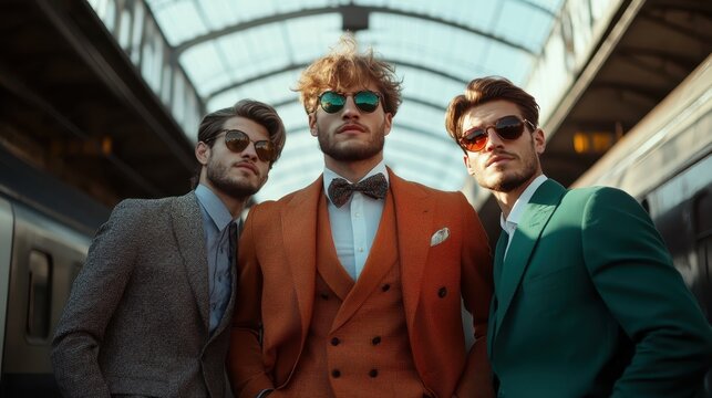 Three stylish men in unique suits exude confidence and flair in a striking pose at a train station, representing modern trends and the beauty of fashion diversity.