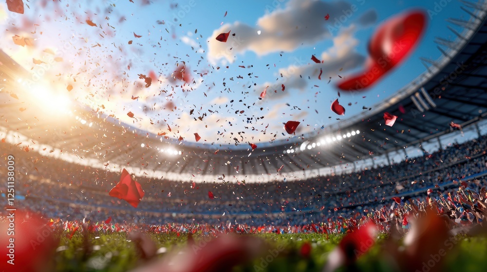 Poster a stadium packed with spectators from around the world, waving flags and cheering during an internat