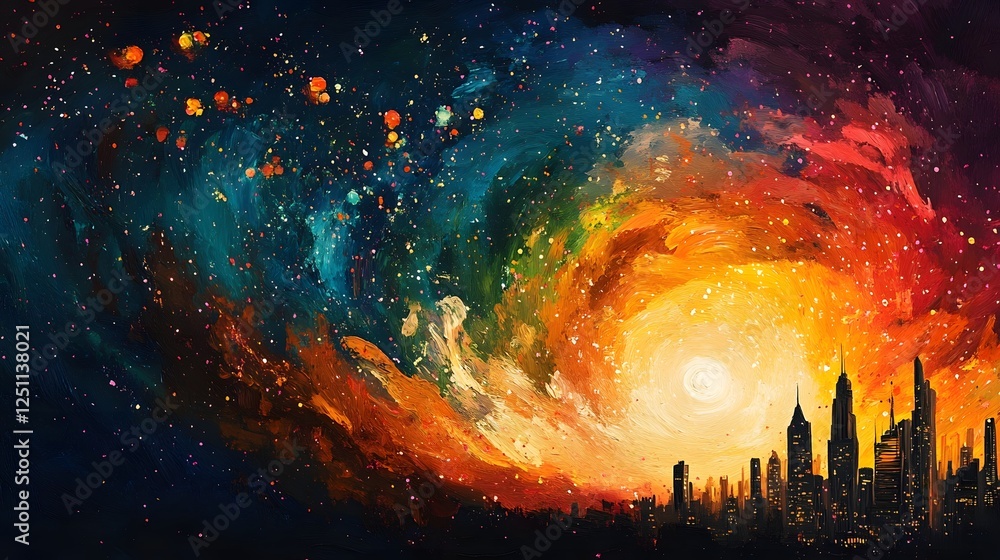 Poster striking and mesmerizing cosmic explosion in a vibrant celestial landscape with swirling nebulae glo