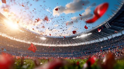 A stadium packed with spectators from around the world, waving flags and cheering during an international sporting event.