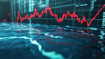 Abstract Financial Data with Stock Market Graph Over Water Surface Reflection
