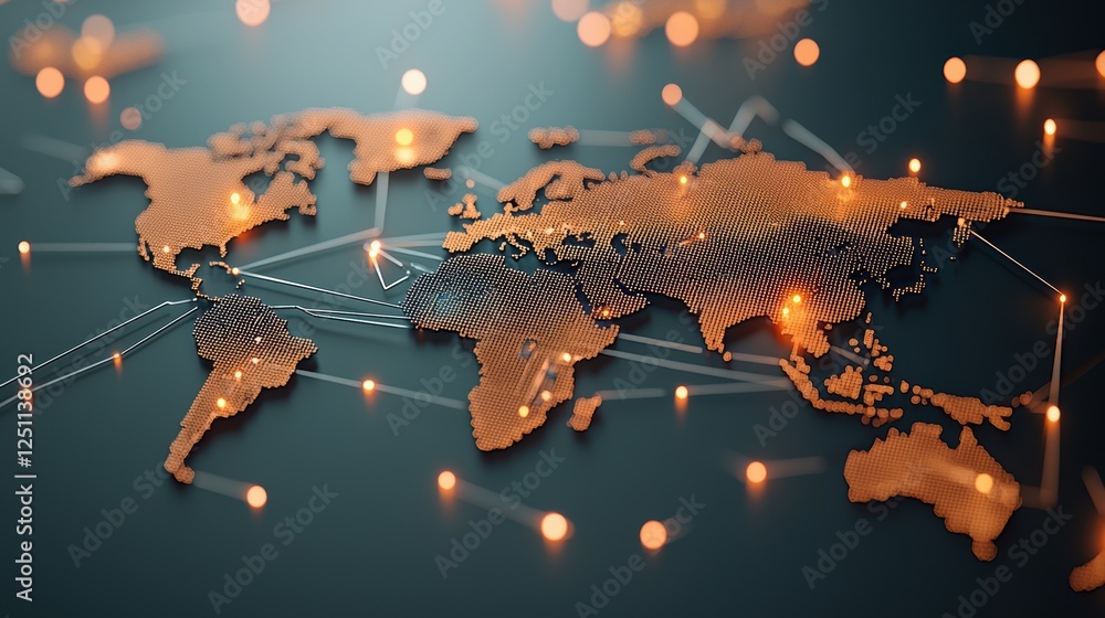 Poster a world map with lines and arrows representing global trade routes and interconnectedness of the wor