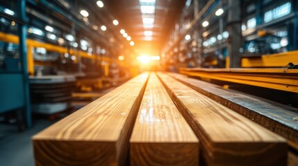 This image showcases wooden beams arranged in an industrial setting, bathed in sunlight that creates a mesmerizing glow, emphasizing the beauty of materials and design in space.