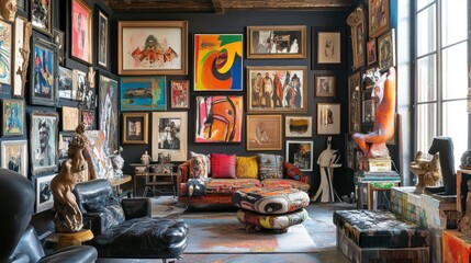 Naklejka premium A room filled with art and sculptures, featuring a large abstract painting, a black leather sofa, and a colorful ottoman.