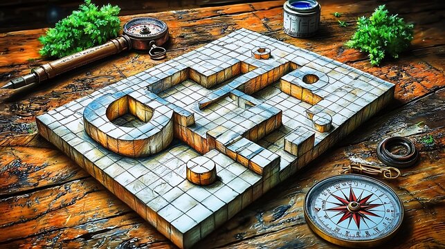 Intricate 3D pencil sketch of a maze forming the letters G, H, P.  Set against a rustic wooden background with antique compasses and artistic elements.