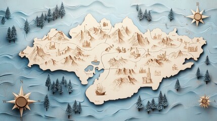 A vintage style map of a historical region, showcasing old settlements, trade routes, battle sites, or other significant historical events with intricate illustrations and calligraphy.