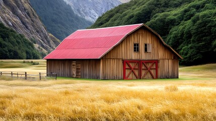 Fototapeta premium Red Barn in Mountain Valley Landscape - Nature Photography