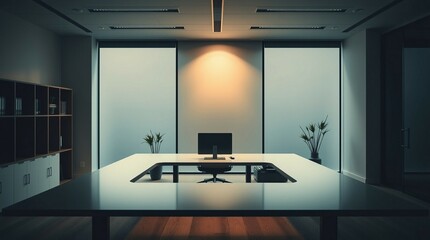 Modern minimalist conference room design with sleek white table black chairs soft lighting and artistic wall decor