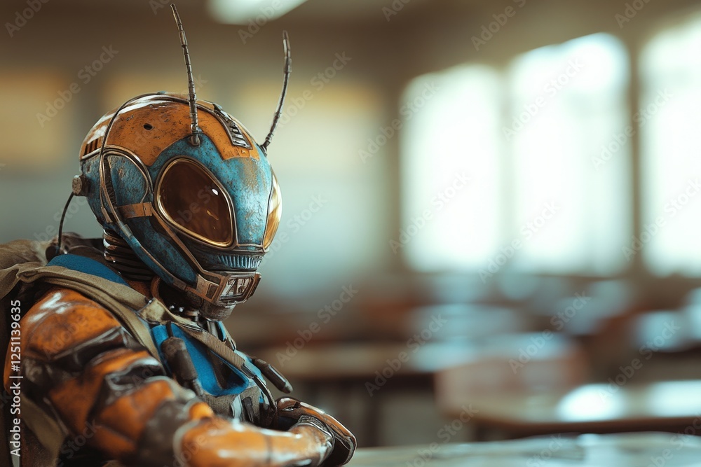 Poster futuristic robot student seated in an empty classroom during daylight hours