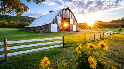Sunrise Barn, Sunbeams, Farm, Countryside - Golden Hour Photography.