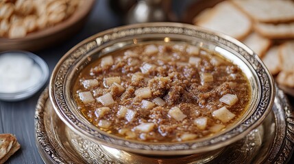 Traditional Turkish Ashure Dessert: Noah's Pudding in a Golden Bowl