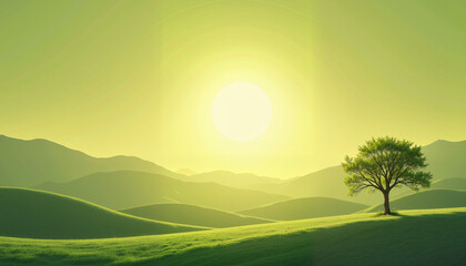 Lone tree silhouetted against bright sunrise over rolling hills
