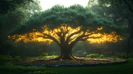 Glowing tree, mystical forest, sunrise, nature, fantasy backdrop