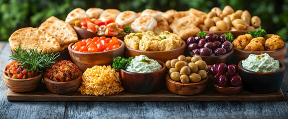 Assorted Mediterranean Appetizers On Wooden Platter
