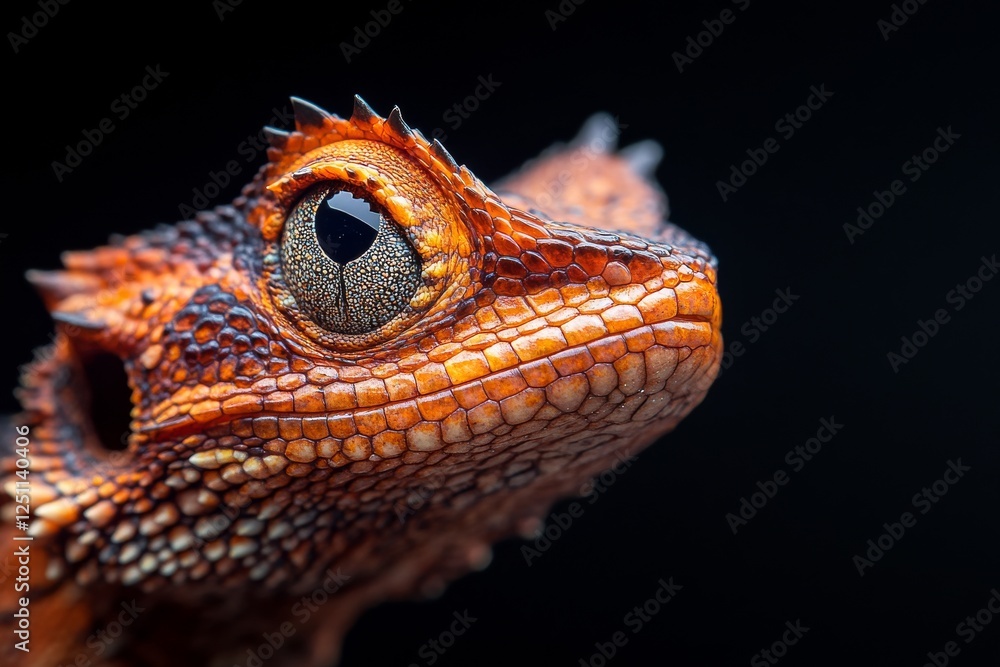 Poster close-up of a vibrant lizard highlighting intricate textures and colors under soft lighting in a dar