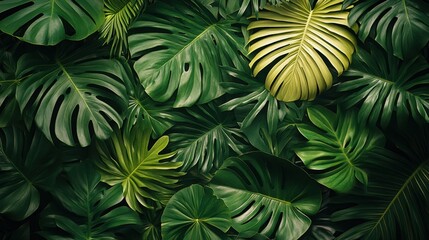 Lush Tropical Leaves Background, Green Foliage Wall