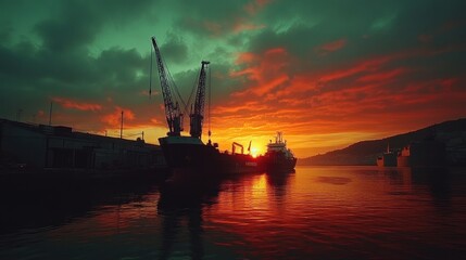 Fototapeta premium Fiery Sunset Over Harbor Ships and Cranes