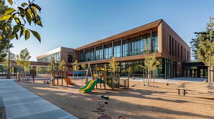 Modern public school exterior with playground and green space on a sunny day
