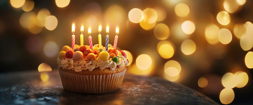 A close-up shot of a birthday cupcake with colorful frosting, candles, and sprinkles, set against a bokeh background of festive lights, representing celebration and joy.