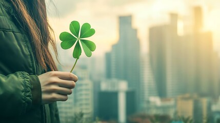 Woman in a green jacket holding a lucky clover, standing against an urban skyline backdrop, symbolizing power and luck