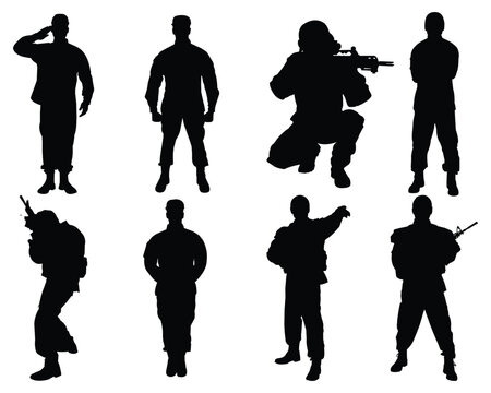 Silhouette of military army with weapons, usa men soldiers with rifle, salute soldier and american veteran. Independence or memorial day background with army soldier silhouette vector - Powered by Adobe