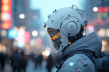 Futuristic robot with illuminated circuitry stands in a bustling urban environment at night