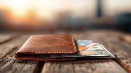 A vintage leather wallet overflowing with various denominations of banknotes, credit cards, and a passport, signifying travel, wealth, and financial freedom.