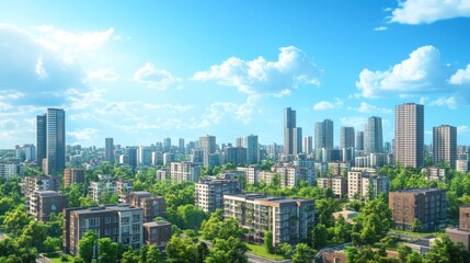 Fototapeta premium Sunny cityscape panorama; green residential area; blue sky; urban development; real estate