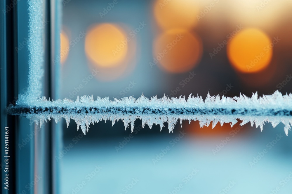 Poster frost patterns adorn a window pane with warm bokeh lights in the background during a cold winter eve