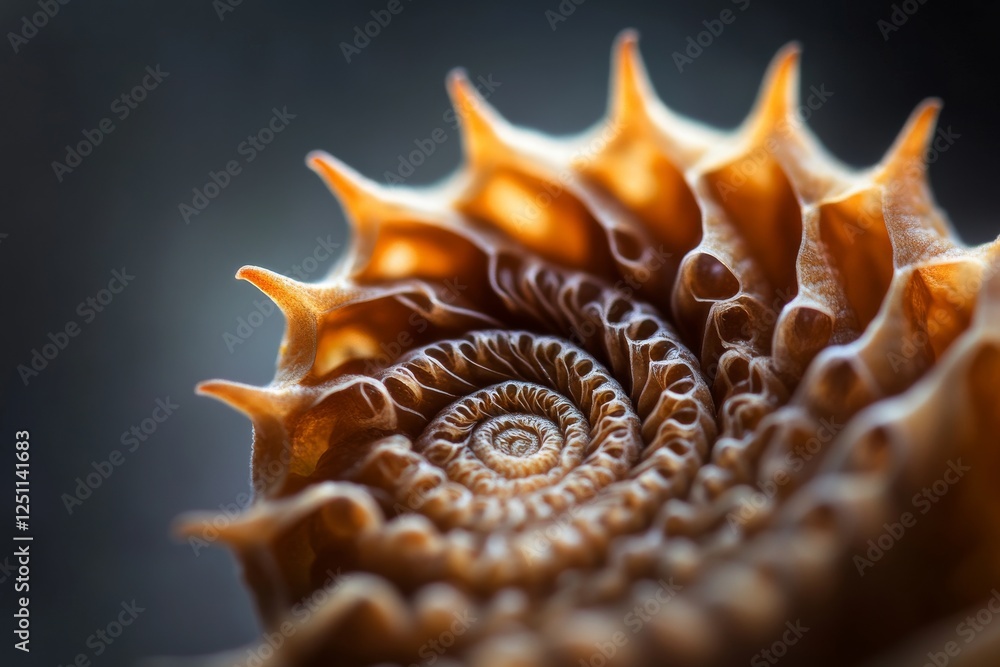 Poster close-up view of a spiral seashell showcasing intricate patterns and textures, highlighting nature's
