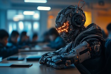 Robot student engaged in learning in a futuristic classroom atmosphere
