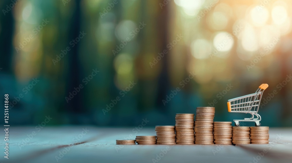 Poster a row of ascending stacks of coins with a miniature shopping cart at the base, representing the conc