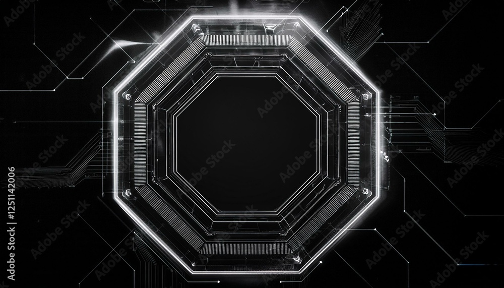 Poster octagonal futuristic portal with glowing lines. the image is dark with a central octagon glowing bri