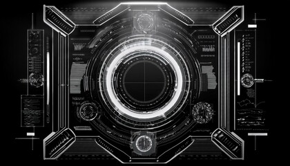 futuristic digital interface, a circular screen with glowing lights, surrounded by technical information and digital code. The design is futuristic, representing high-tech, cutting-edge.