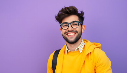 Photo of funny cheerful man wear stylish yellow clothes empty space isolated on violet color background, dinamic scene. with white shades